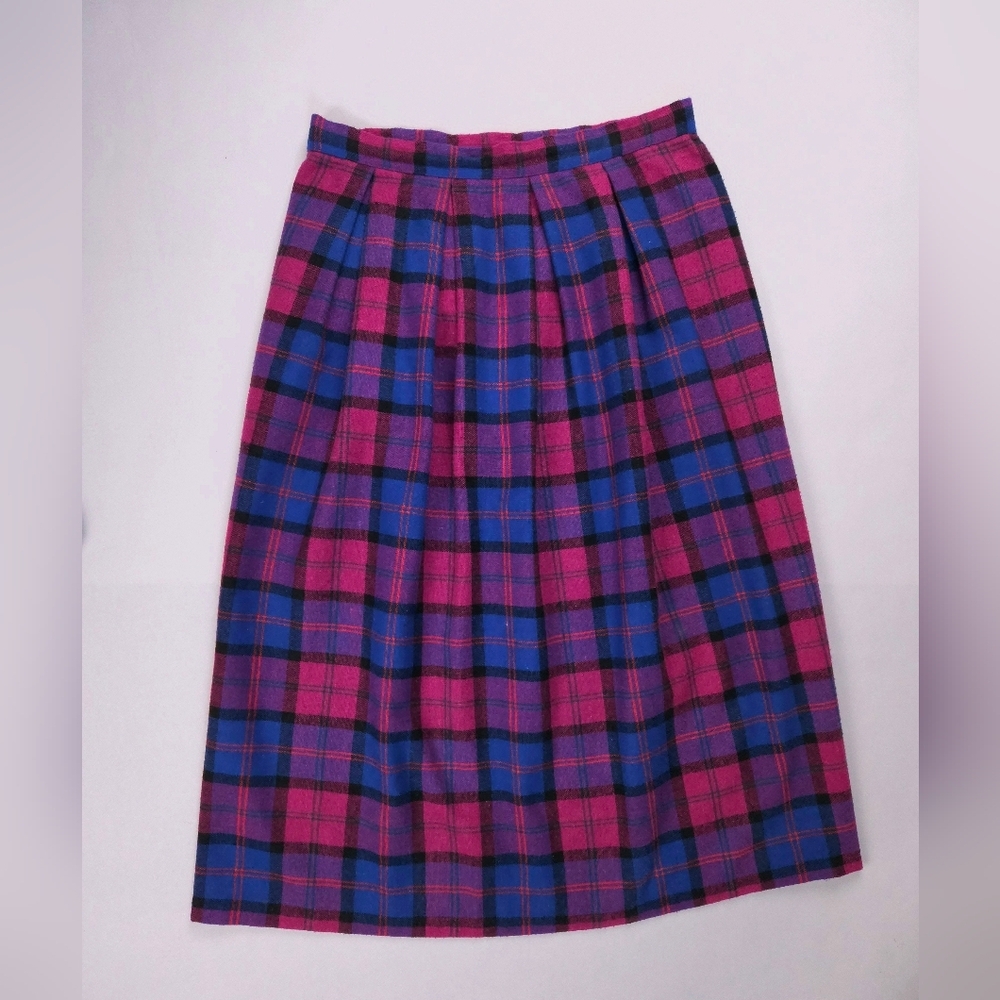 JC Penney Vintage Magenta Pink And Blue Plaid Tweed Midi Skirt Small